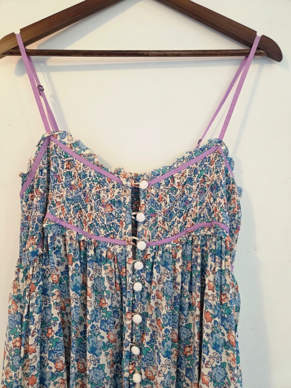 Free People maxi dress M baby doll bodice tiered smocked ribbon cowgirl boho - Picture 5 of 16